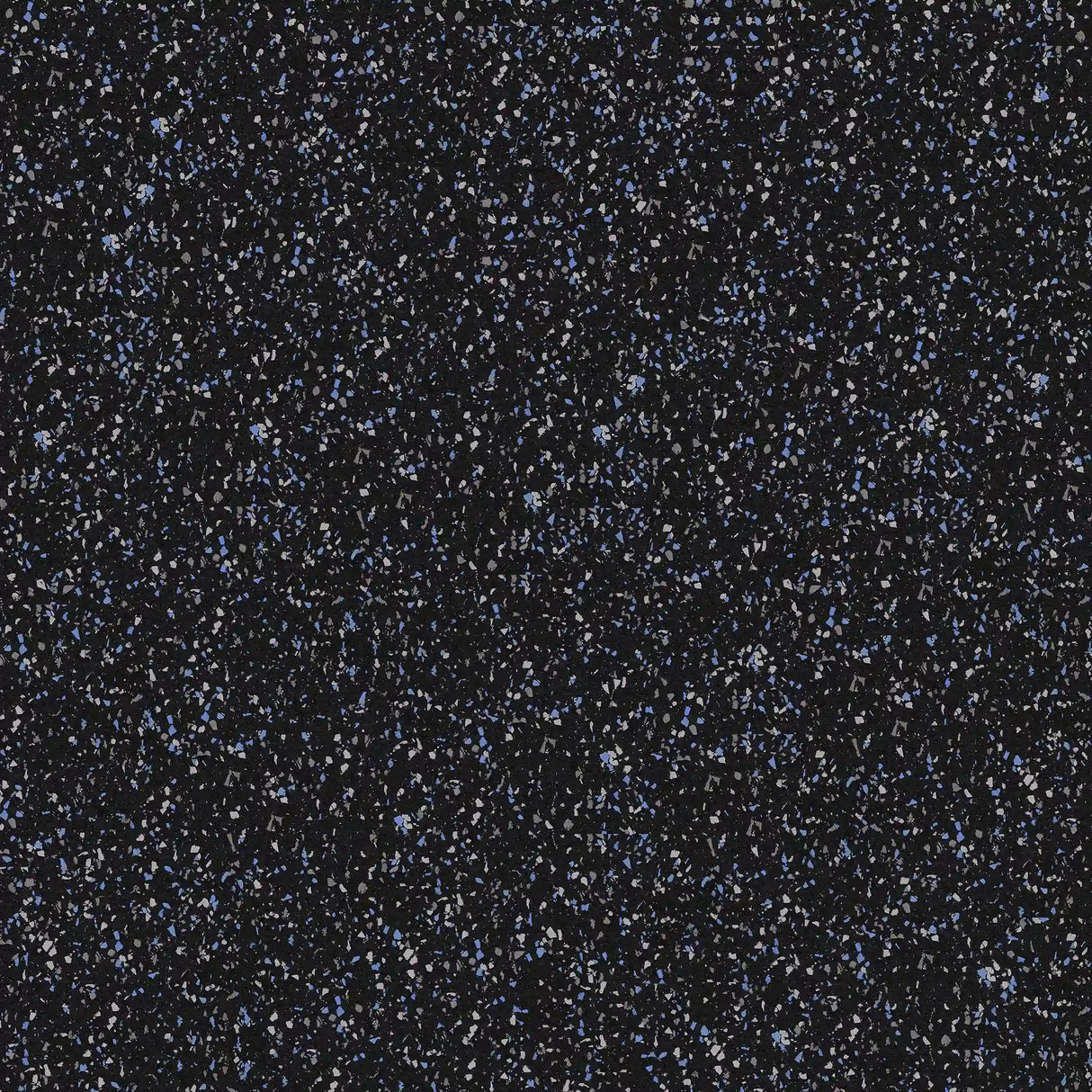 ECORE Athletic’s Performance Beast Plus Rubber Roll - 14.5mm Flooring features a black surface with small, irregular blue, white, and gray flecks for a starry, terrazzo-like textured look.