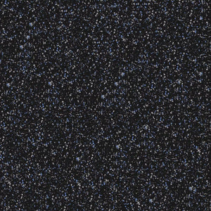 ECORE Athletic’s Performance Beast Plus Rubber Roll - 14.5mm Flooring features a black surface with small, irregular blue, white, and gray flecks for a starry, terrazzo-like textured look.