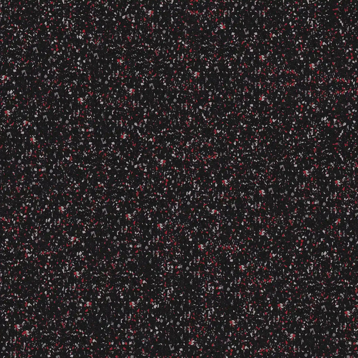 A close-up of ECORE Athletic’s Performance Beast Plus Rubber Roll - 14.5mm showcases its black surface with scattered red, white, and gray specks, resembling confetti or classic gym flooring.
