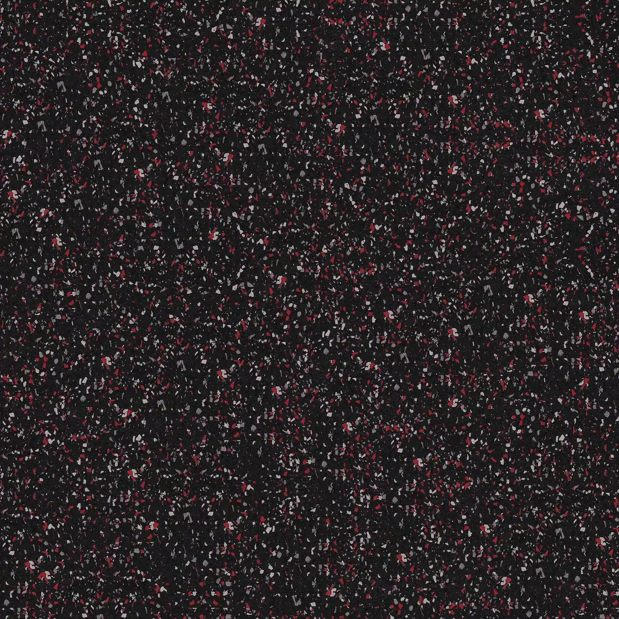 A close-up of ECORE Athletic's Performance Motivate Plus Rubber Roll - 10.5mm Flooring shows a speckled black surface with red, white, and grey flecks, resembling rubber gym flooring or a terrazzo pattern.