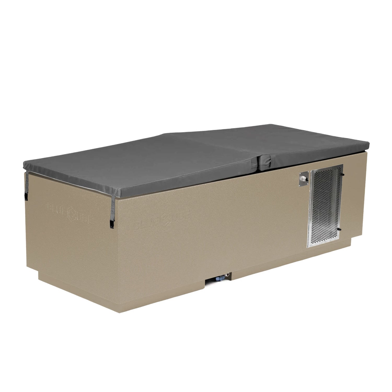 Beige BlueCube CoreChill 3 Cold Plunge Tub with spa cover which is commercial grade and handmade in America