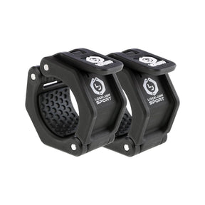 A pair of Lock-Jaw Sport Collars for 2" bars by Lock-Jaw, featuring black hexagonal shapes, textured inner grips, and locking levers to securely hold weight plates on a barbell.
