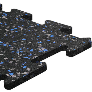 A close-up of an ECORE Athletic ECORE Rubber Floor Tiles - 8mm Interlocking in black with blue and gray speckles, designed for easy assembly and cushioning, shown against a white background.