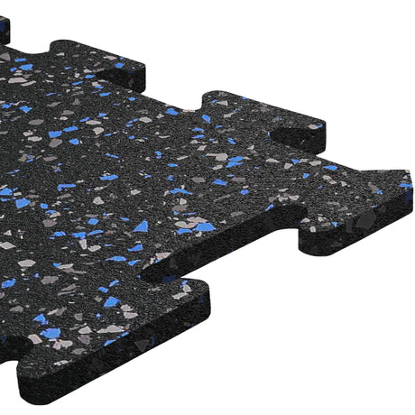 A close-up of an ECORE Athletic ECORE Rubber Floor Tiles - 8mm Interlocking in black with blue and gray speckles, designed for easy assembly and cushioning, shown against a white background.