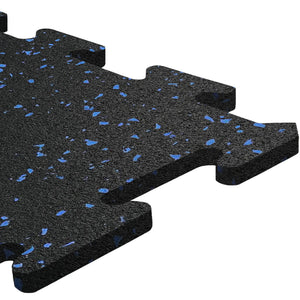 Close-up of an ECORE Athletic Rubber Floor Tile - 8mm Interlocking, featuring a black surface with blue specks, textured finish, and puzzle-like edges for easy connection to other tiles.