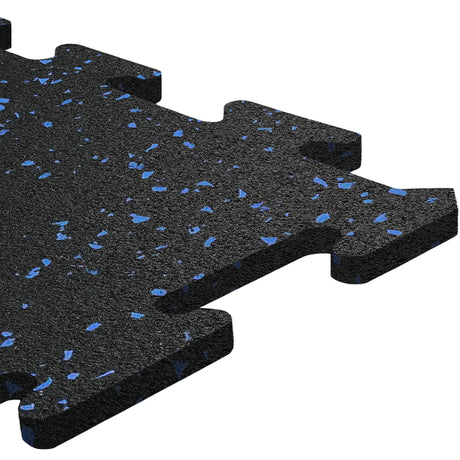 Close-up of an ECORE Athletic Rubber Floor Tile - 8mm Interlocking, featuring a black surface with blue specks, textured finish, and puzzle-like edges for easy connection to other tiles.