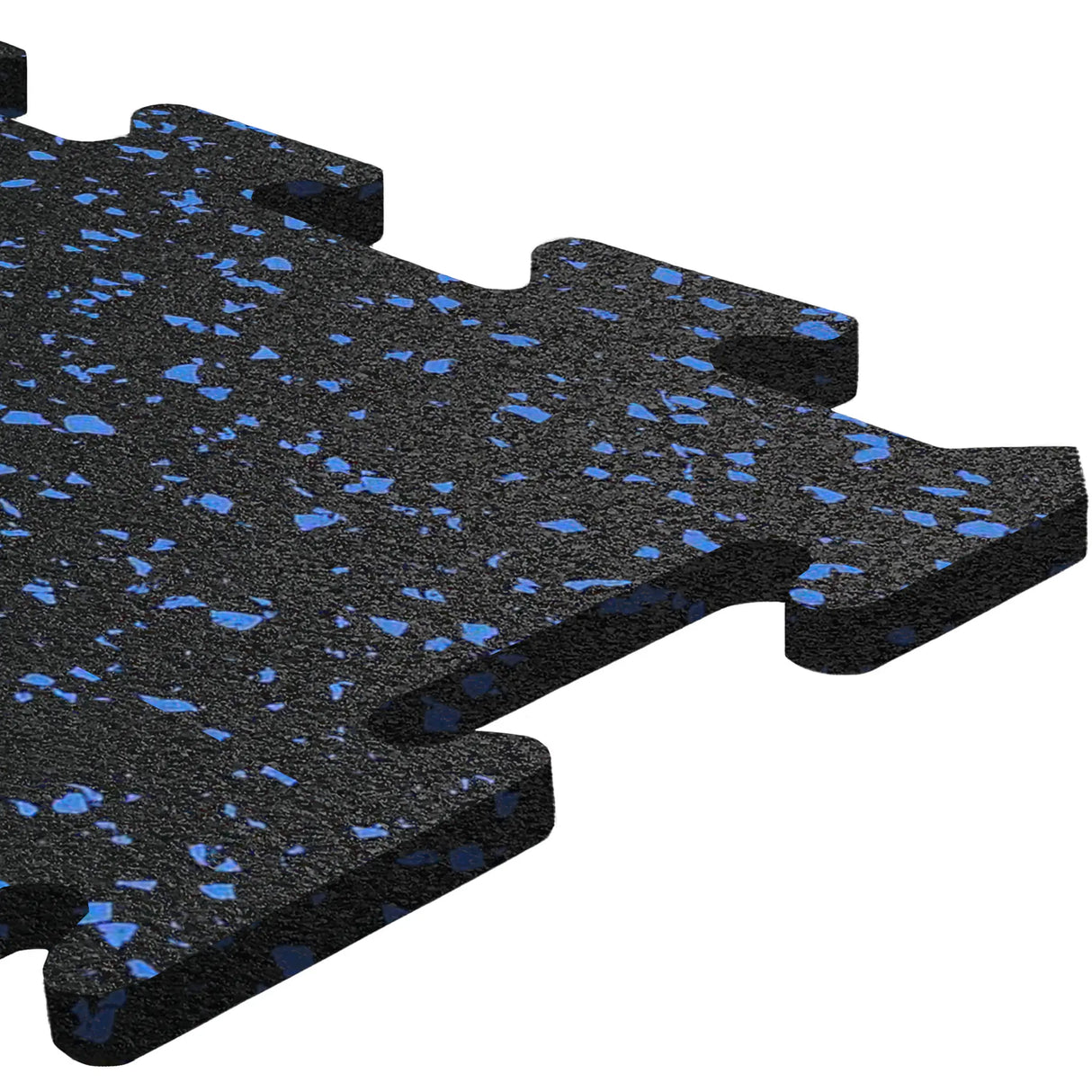 Close-up of an ECORE Athletic Rubber Floor Tile—8mm interlocking mat in black with blue speckles—showing its textured surface and puzzle-like edges for easy connection with other ECORE tiles.
