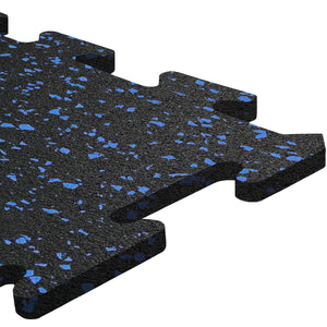 Close-up of an ECORE Athletic Rubber Floor Tile—8mm interlocking mat in black with blue speckles—showing its textured surface and puzzle-like edges for easy connection with other ECORE tiles.