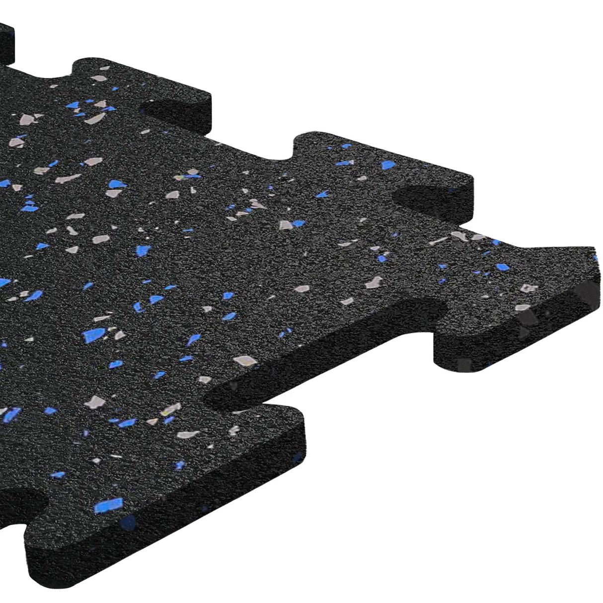 Close-up of ECORE Rubber Floor Tiles - 8mm Interlocking by ECORE Athletic, featuring black tiles with blue and gray speckles, textured surface, and puzzle-like edges for easy assembly. Isolated on a white background.