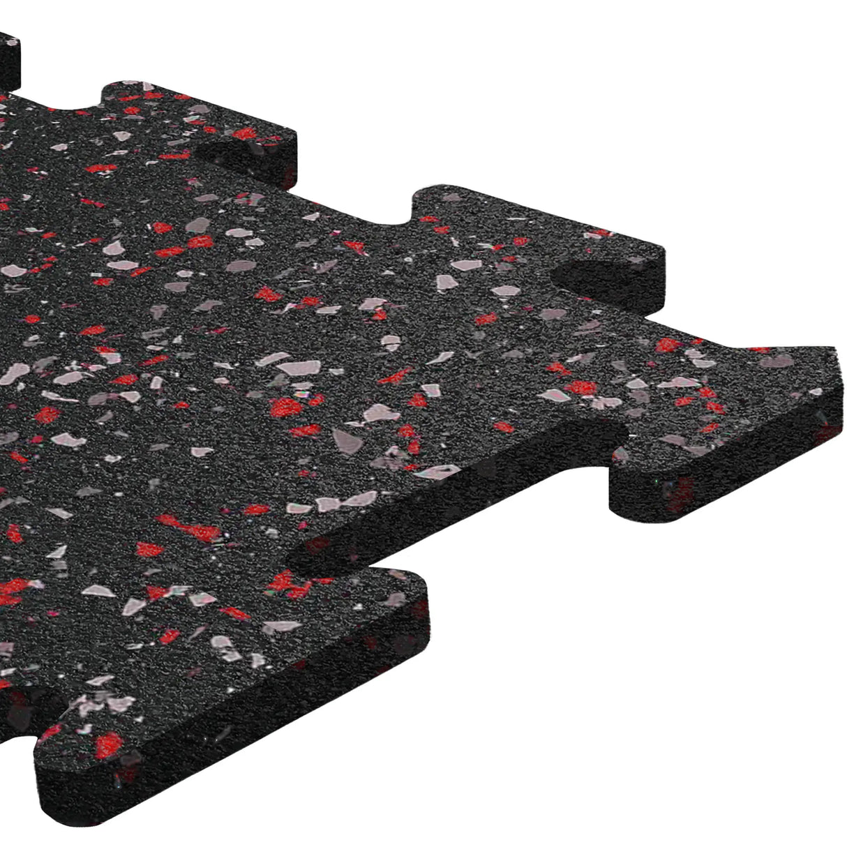 A close-up of an ECORE Athletic Rubber Floor Tile—8mm interlocking, black with red and gray speckles—designed for gym flooring, shown against a white background.