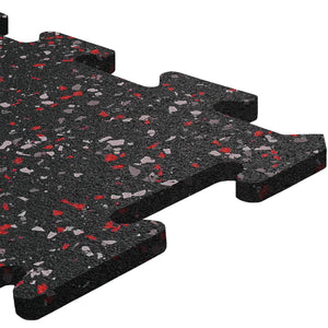 A close-up of an ECORE Athletic Rubber Floor Tile—8mm interlocking, black with red and gray speckles—designed for gym flooring, shown against a white background.