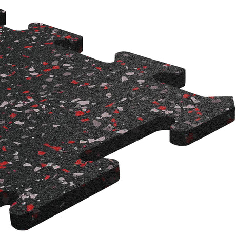 A close-up of an ECORE Athletic Rubber Floor Tile—8mm interlocking, black with red and gray speckles—designed for gym flooring, shown against a white background.