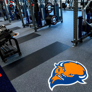 A gym weight room with racks of weights and equipment features a large blue and orange bison logo on the floor, which is kept spotless using ECORE E-Cleaner All Purpose Floor Cleaner by ECORE Athletic.