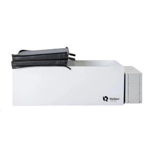 A white rectangular cold plunge with a black foam cover on top folded in half