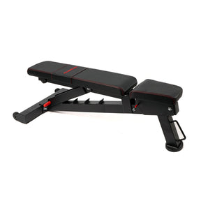 A black PowerBlock utility bench