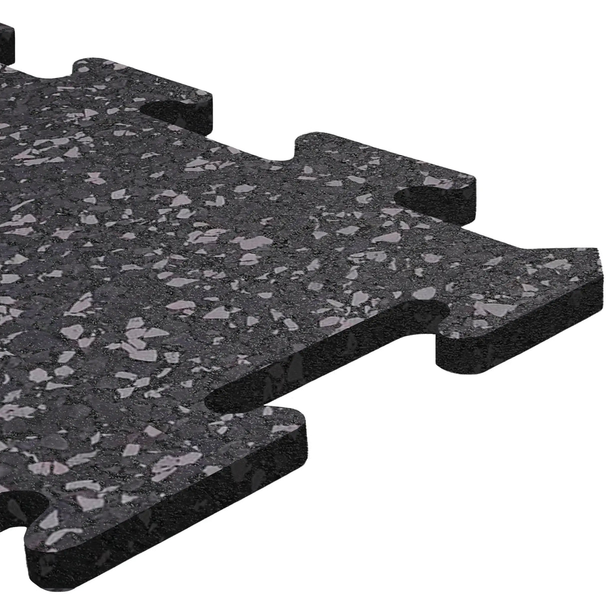 Close-up of an ECORE Athletic ECORE Rubber Floor Tiles - 8mm Interlocking tile, featuring black speckles and puzzle-like edges for seamless connection with other tiles.