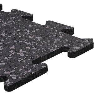 Close-up of an ECORE Athletic ECORE Rubber Floor Tiles - 8mm Interlocking tile, featuring black speckles and puzzle-like edges for seamless connection with other tiles.