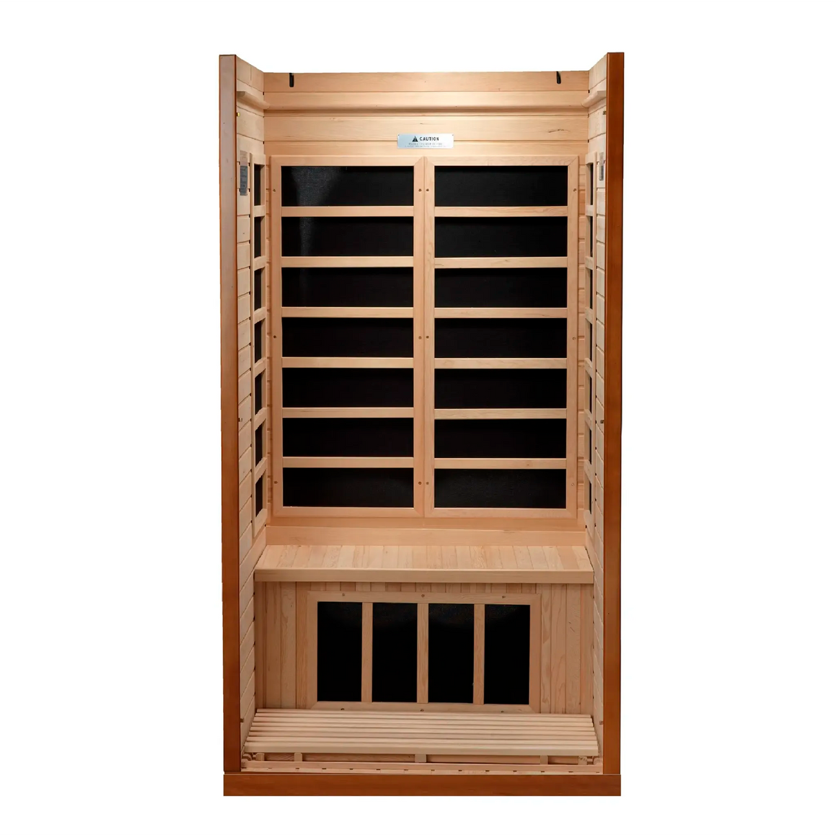Dynamic Saunas Barcelona model in Canadian Hemlock, offering a compact design with six low EMF carbon heating panels, Bluetooth connectivity, chromotherapy lighting, and a sleek tempered glass door, ideal for 1-2 people with easy installation and minimal maintenance, backed by a 5-year warranty.