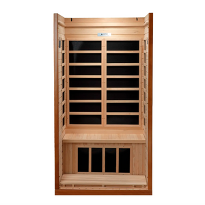 Dynamic Saunas Barcelona model in Canadian Hemlock, offering a compact design with six low EMF carbon heating panels, Bluetooth connectivity, chromotherapy lighting, and a sleek tempered glass door, ideal for 1-2 people with easy installation and minimal maintenance, backed by a 5-year warranty.