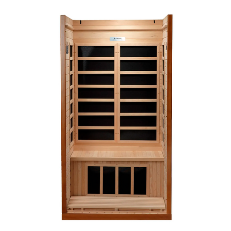 Dynamic Saunas Barcelona model in Canadian Hemlock, offering a compact design with six low EMF carbon heating panels, Bluetooth connectivity, chromotherapy lighting, and a sleek tempered glass door, ideal for 1-2 people with easy installation and minimal maintenance, backed by a 5-year warranty.
