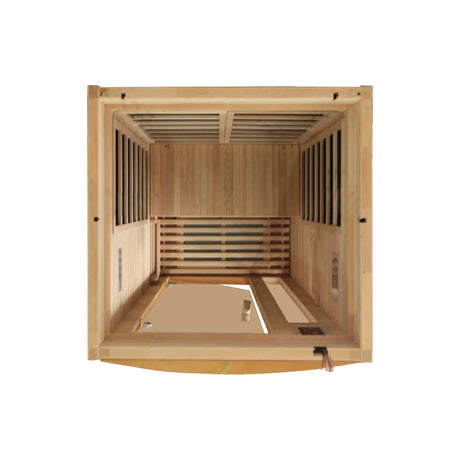 Dynamic Saunas Barcelona model in Canadian Hemlock, offering a compact design with six low EMF carbon heating panels, Bluetooth connectivity, chromotherapy lighting, and a sleek tempered glass door, ideal for 1-2 people with easy installation and minimal maintenance, backed by a 5-year warranty