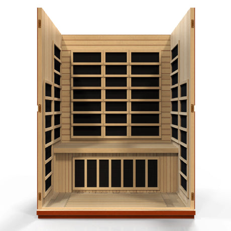 Dynamic Saunas Bellagio FAR Infrared Sauna in Canadian Hemlock, featuring nine carbon heating panels, Bluetooth music system, chromotherapy lighting, and spacious design for three people. Sleek tempered glass door with side windows and roof vent, easy setup, and 5-year warranty ensure a luxurious home sauna experience.