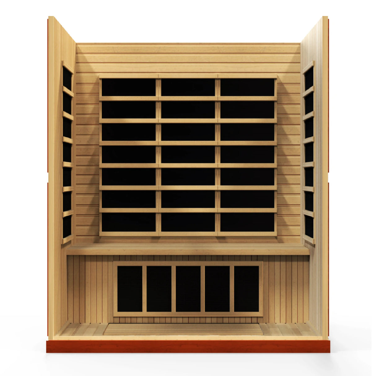 Dynamic Saunas Bergamo FAR Infrared Sauna in Canadian Hemlock, featuring eight carbon heating panels, Bluetooth music system, chromotherapy lighting, and spacious design for up to four people, with sleek tempered glass door, roof vent, easy setup, and 5-year warranty for a luxurious home sauna experience.