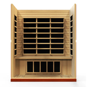 Dynamic Saunas Bergamo FAR Infrared Sauna in Canadian Hemlock, featuring eight carbon heating panels, Bluetooth music system, chromotherapy lighting, and spacious design for up to four people, with sleek tempered glass door, roof vent, easy setup, and 5-year warranty for a luxurious home sauna experience.
