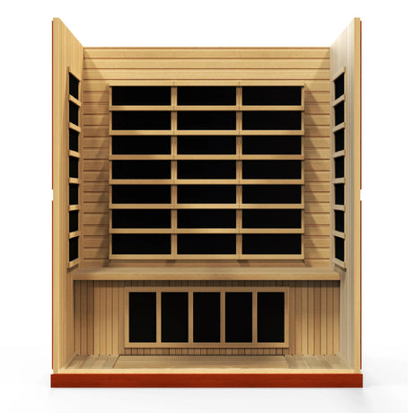 Dynamic Saunas Bergamo FAR Infrared Sauna in Canadian Hemlock, featuring eight carbon heating panels, Bluetooth music system, chromotherapy lighting, and spacious design for up to four people, with sleek tempered glass door, roof vent, easy setup, and 5-year warranty for a luxurious home sauna experience.