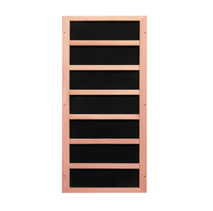 Carbon infrared heat panel with wooden framing found inside of a sauna