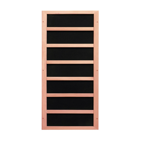 Carbon infrared heat panel with wooden framing found inside of a sauna