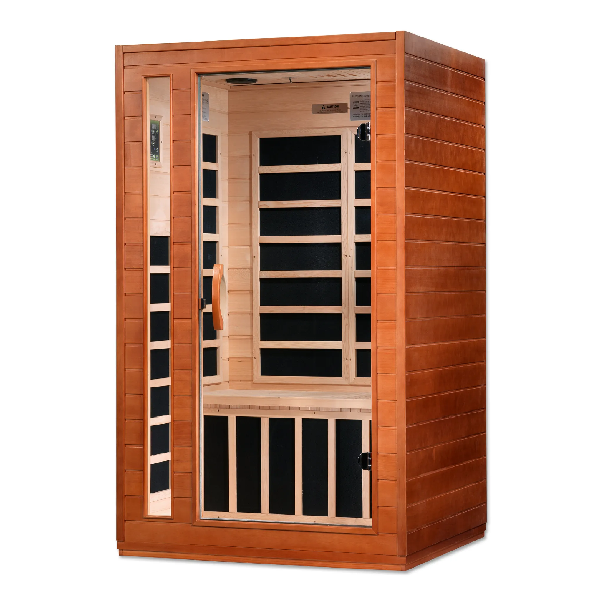 Transform your home with the Dynamic Cordoba FAR Infrared Sauna, accommodating two people with Canadian Hemlock construction, seven low EMF heating panels, Bluetooth music, chromotherapy lighting, and a sleek tempered glass door for a luxurious and rejuvenating sauna experience.