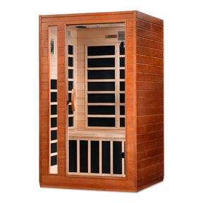 Transform your home with the Dynamic Cordoba FAR Infrared Sauna, accommodating two people with Canadian Hemlock construction, seven low EMF heating panels, Bluetooth music, chromotherapy lighting, and a sleek tempered glass door for a luxurious and rejuvenating sauna experience.