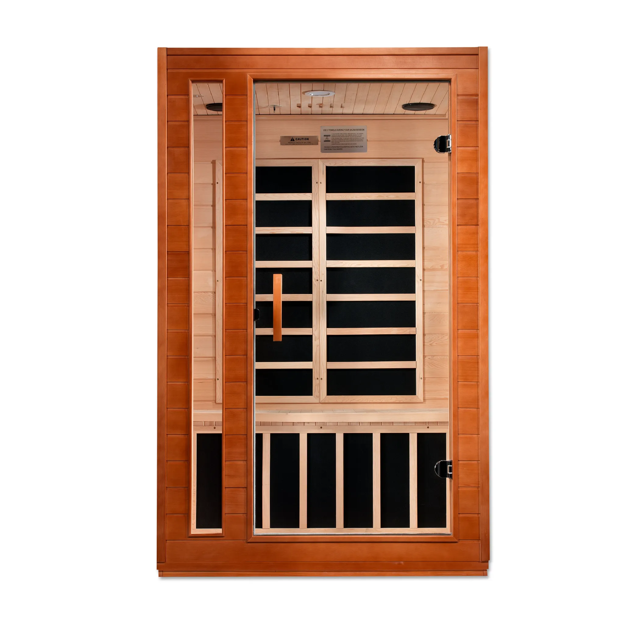 Transform your home with the Dynamic Cordoba FAR Infrared Sauna, accommodating two people with Canadian Hemlock construction, seven low EMF heating panels, Bluetooth music, chromotherapy lighting, and a sleek tempered glass door for a luxurious and rejuvenating sauna experience.