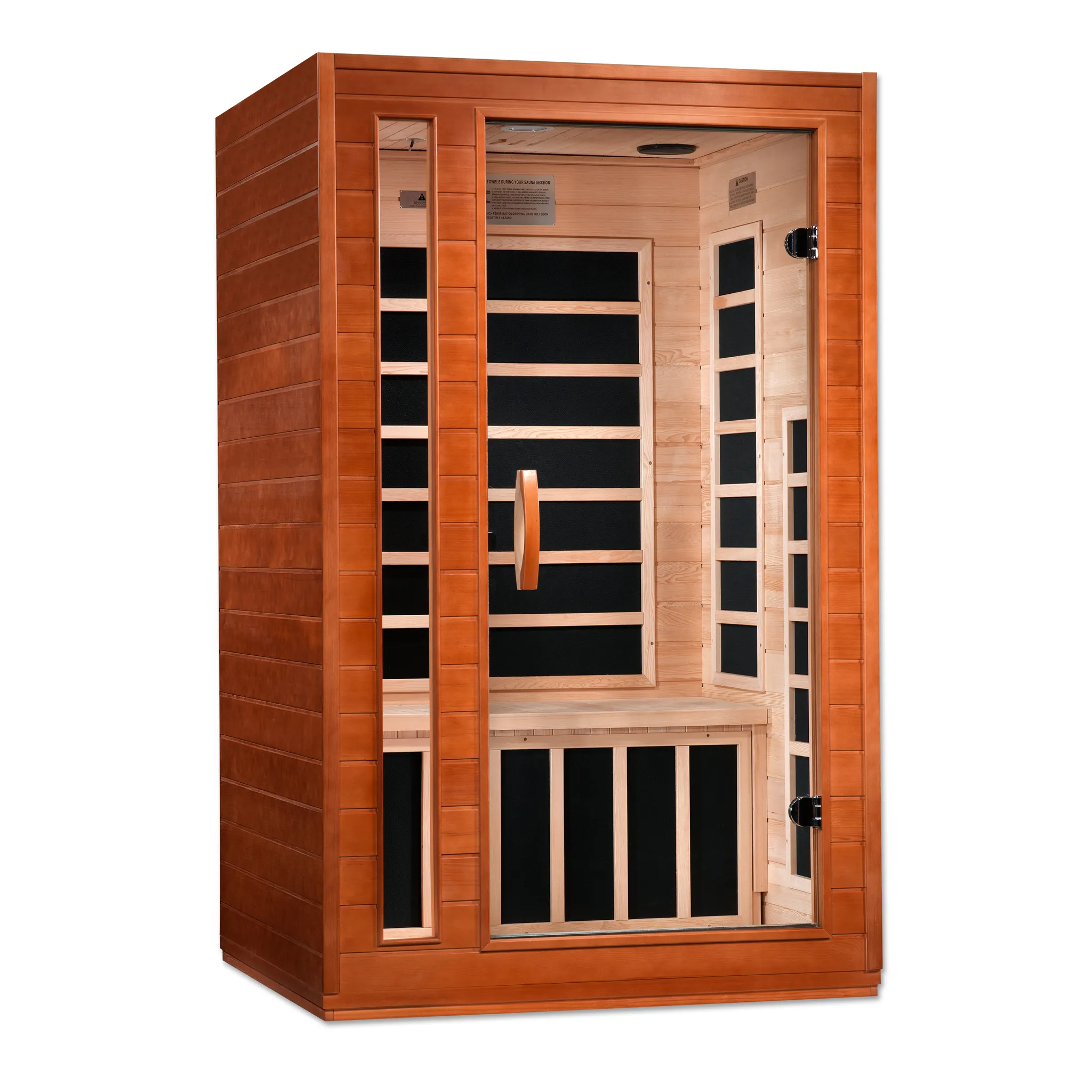 Transform your home with the Dynamic Cordoba FAR Infrared Sauna, accommodating two people with Canadian Hemlock construction, seven low EMF heating panels, Bluetooth music, chromotherapy lighting, and a sleek tempered glass door for a luxurious and rejuvenating sauna experience.