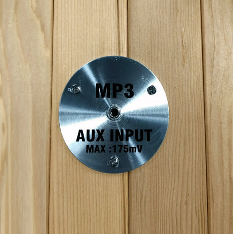 MP3 auxiliary input jack built inside of a wooden sauna