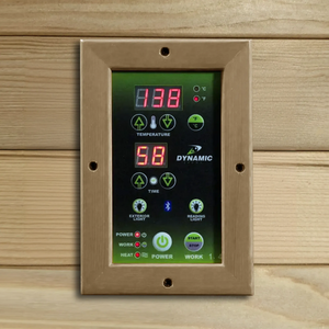 Green LED control panel found inside of a wooden sauna