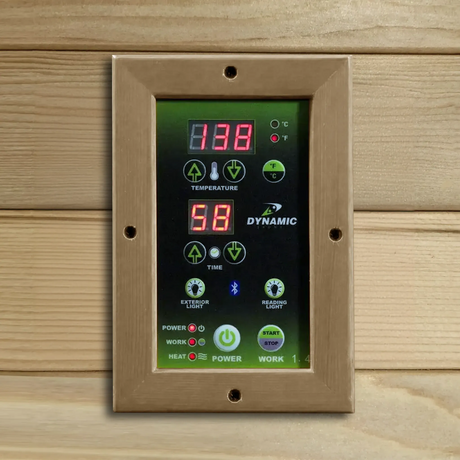 Green LED control panel found inside of a wooden sauna