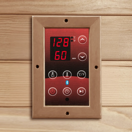Red LED display screen control panel which is found inside of a sauna