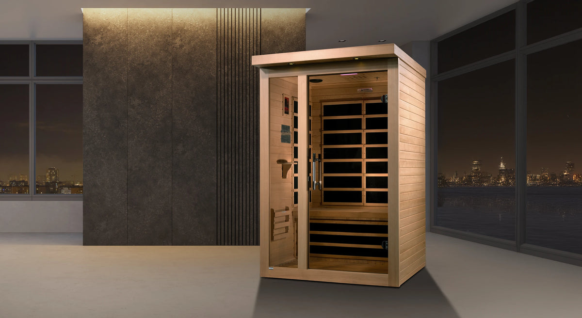 Dynamic Saunas Llumeneres model FAR infrared sauna inside of an apartment overlooking a city