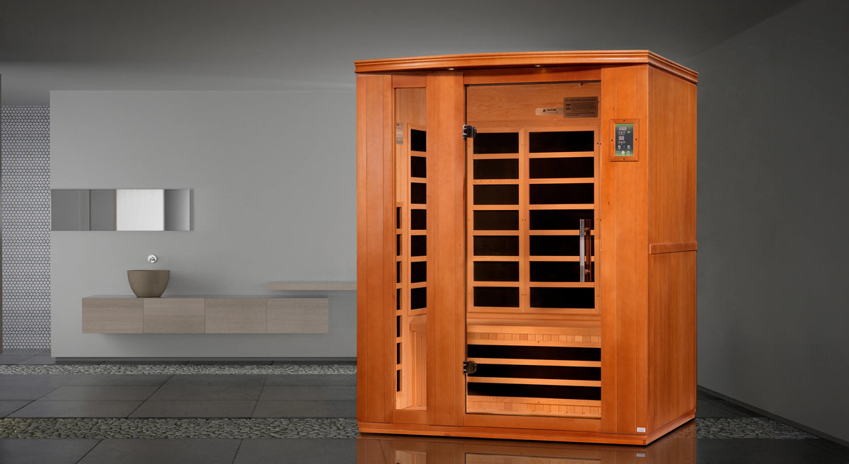 Dynamic Saunas Lugano model FAR infrared three person sauna inside of a bathroom