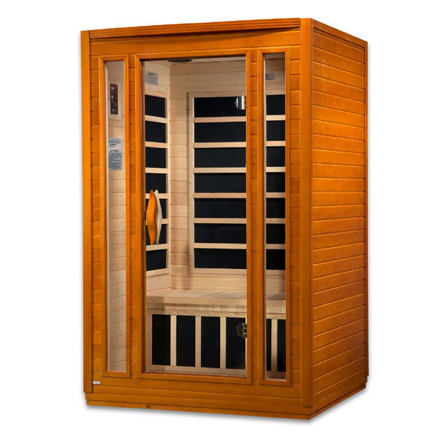 Dynamic Saunas FAR infrared San Marino model sauna built for indoor use with a 2 person capacity and a rich red brown exterior color 