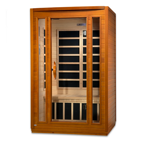 Dynamic Saunas FAR infrared San Marino model sauna built for indoor use with a 2 person capacity and a rich red brown exterior color 