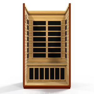 Dynamic Saunas FAR infrared San Marino model sauna built for indoor use with a 2 person capacity and a rich red brown exterior color 