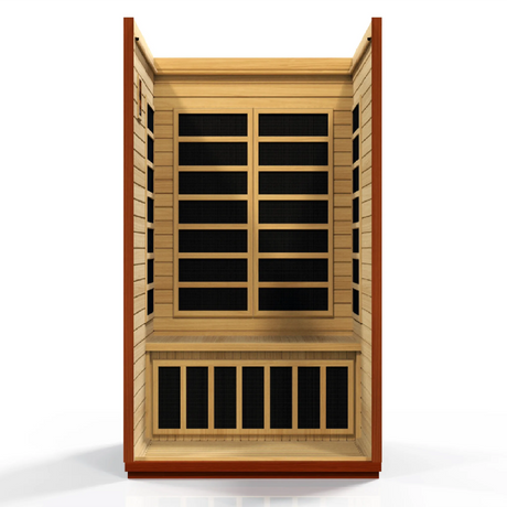 Dynamic Saunas FAR infrared San Marino model sauna built for indoor use with a 2 person capacity and a rich red brown exterior color 