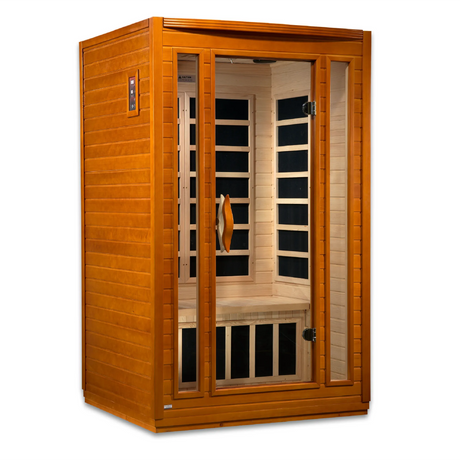 Dynamic Saunas FAR infrared San Marino model sauna built for indoor use with a 2 person capacity and a rich red brown exterior color 