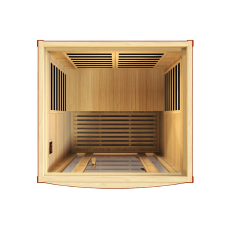 Dynamic Saunas FAR infrared San Marino model sauna built for indoor use with a 2 person capacity and a rich red brown exterior color 
