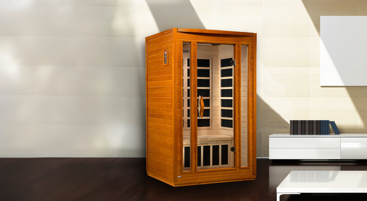 Dynamic Saunas FAR infrared San Marino model sauna built for indoor use with a 2 person capacity and a rich red brown exterior color 