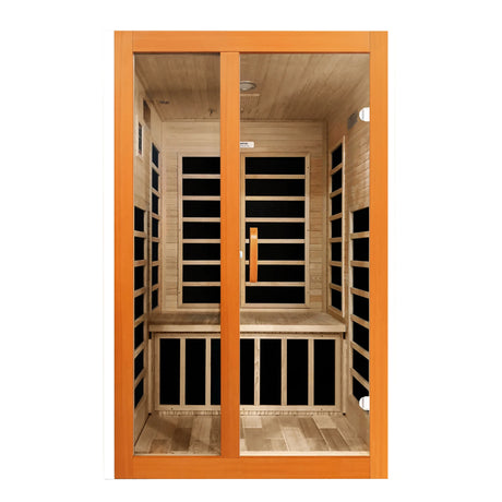Dynamic Saunas FAR infrared Santiago model sauna built out of Canadian hemlock wood for indoor use with a 2 person capacity