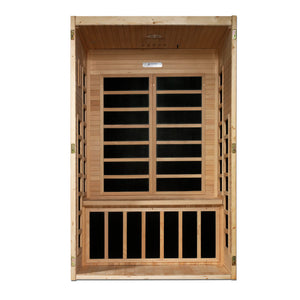 Dynamic Saunas FAR infrared Santiago model sauna built out of Canadian hemlock wood for indoor use with a 2 person capacity